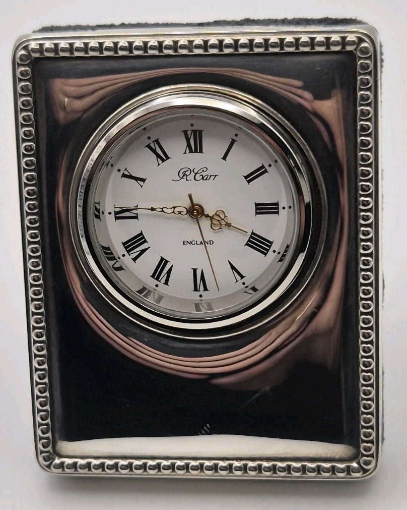 R. Carr hallmarked sterling silver desk clock featuring a classic beaded...1