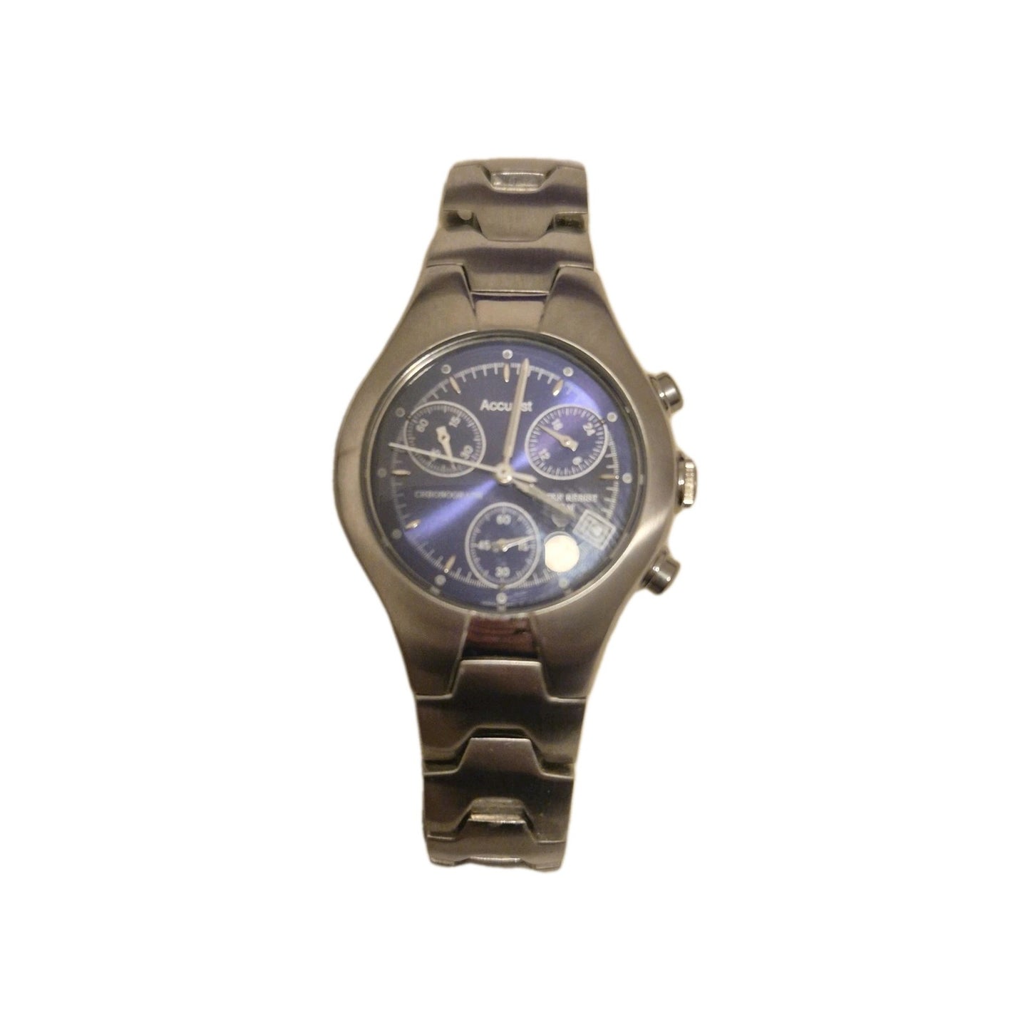 Vtg Accurist Chronograph Date Blue Face Steel Bracelet  Quartz Watch0