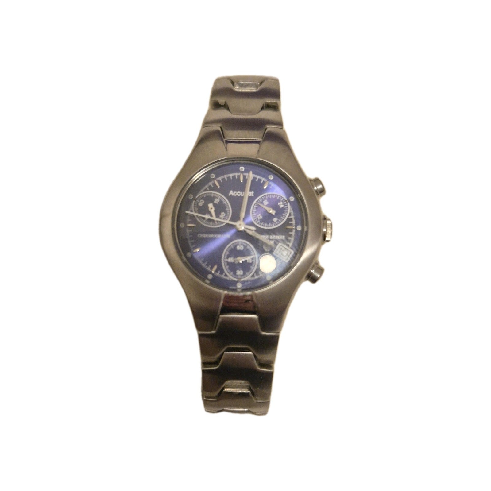 Vtg Accurist Chronograph Date Blue Face Steel Bracelet  Quartz Watch0