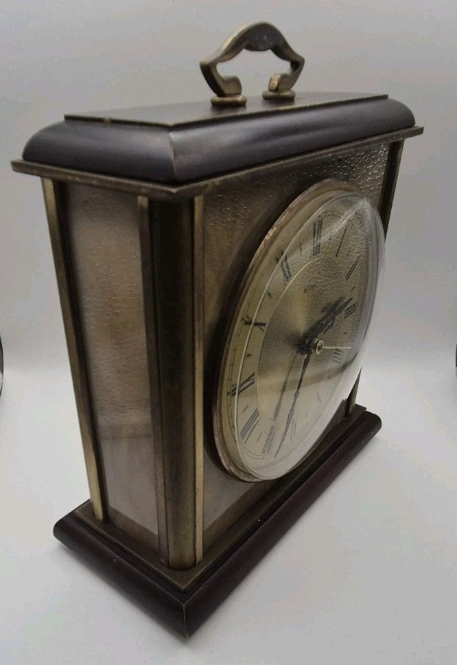 Vintage Metamec Mantle Clock In Gold With Wood Brass & Marble. Roman numerals8
