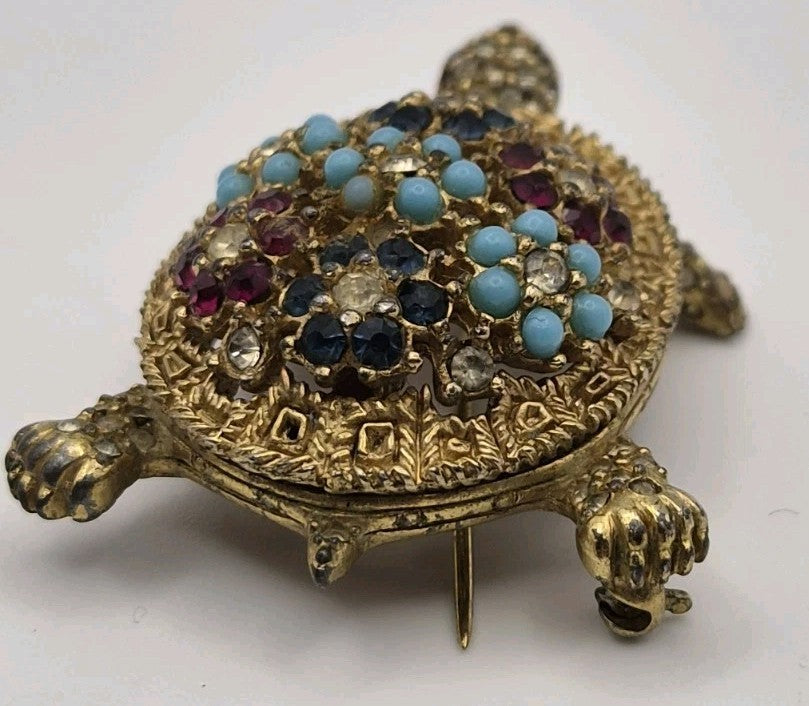 Vintage Ciner Signed Multi Coloured Stone Turtle Brooch Pin4