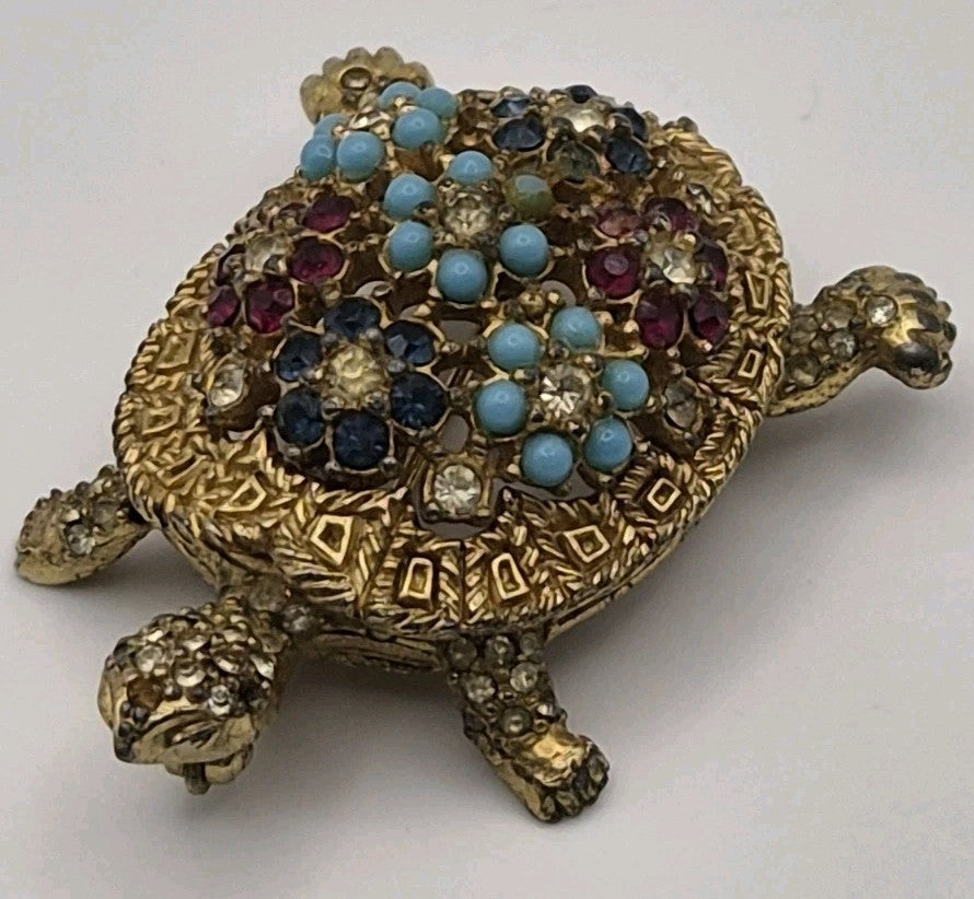 Vintage Ciner Signed Multi Coloured Stone Turtle Brooch Pin0