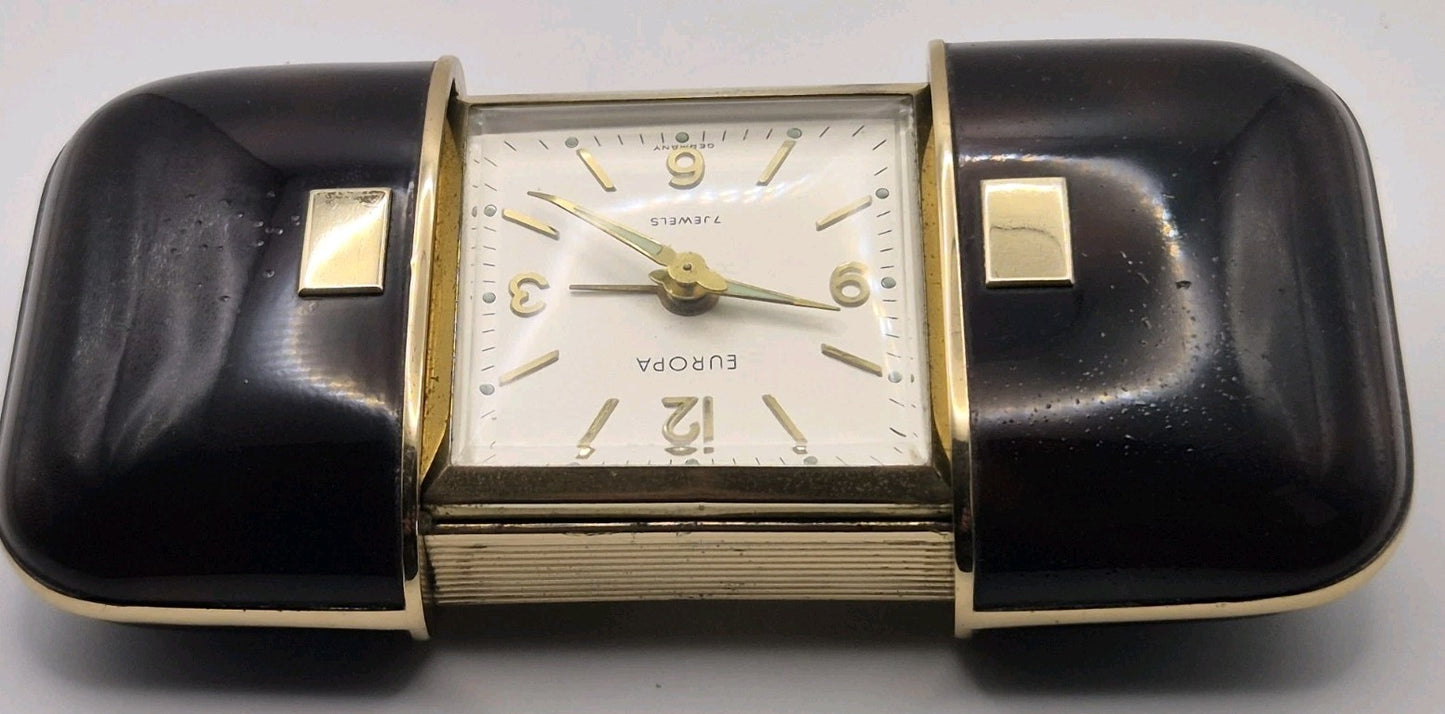 vintage Europa Uhren 7 Jewels mechanical travel alarm clock with a sliding case12