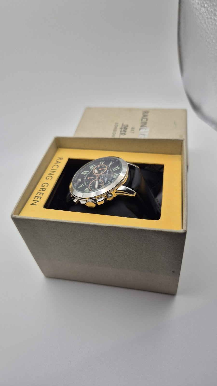 Racing Green men's chronograph watch with a black leather strap and orange...3