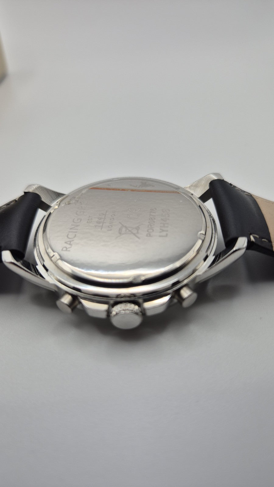 Racing Green men's chronograph watch with a black leather strap and orange...14