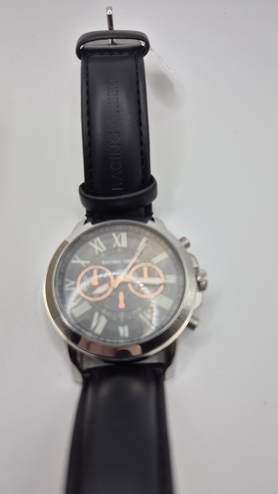 Racing Green men's chronograph watch with a black leather strap and orange...9