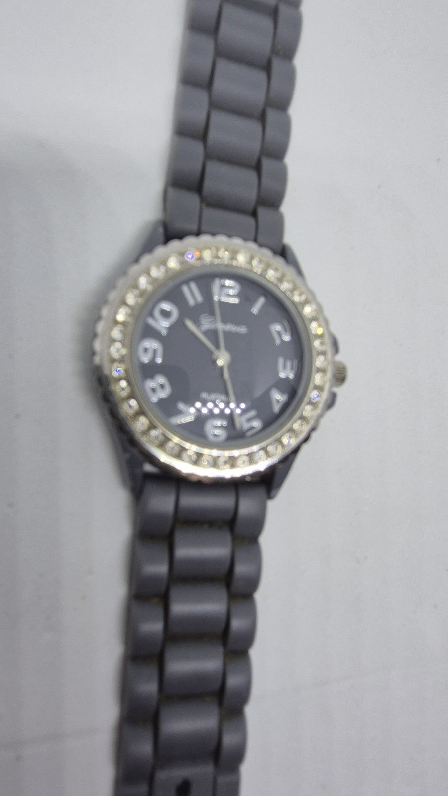 Geneva Grey & Silver Tone Rhinestones Ladies Watch with Silicone Band Costume...2