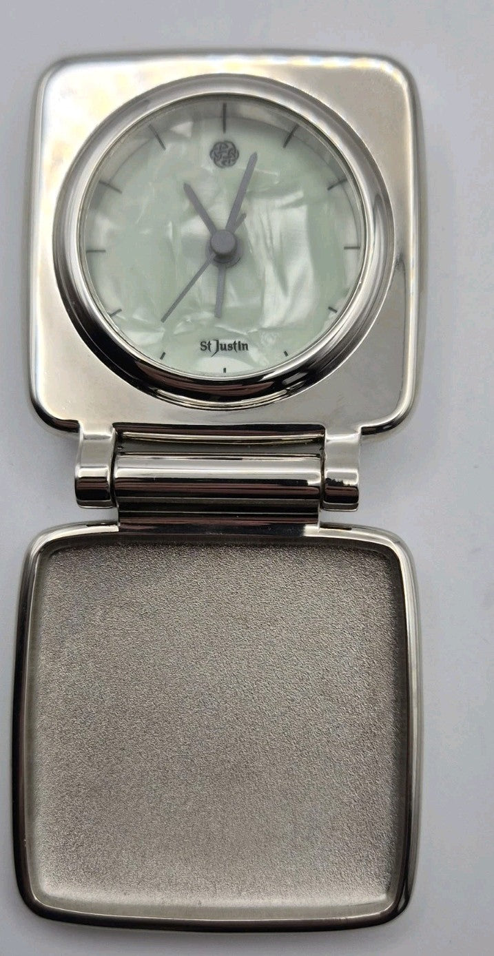 St Justin Analogue Folding Travel Alarm Clock Silver Metal9