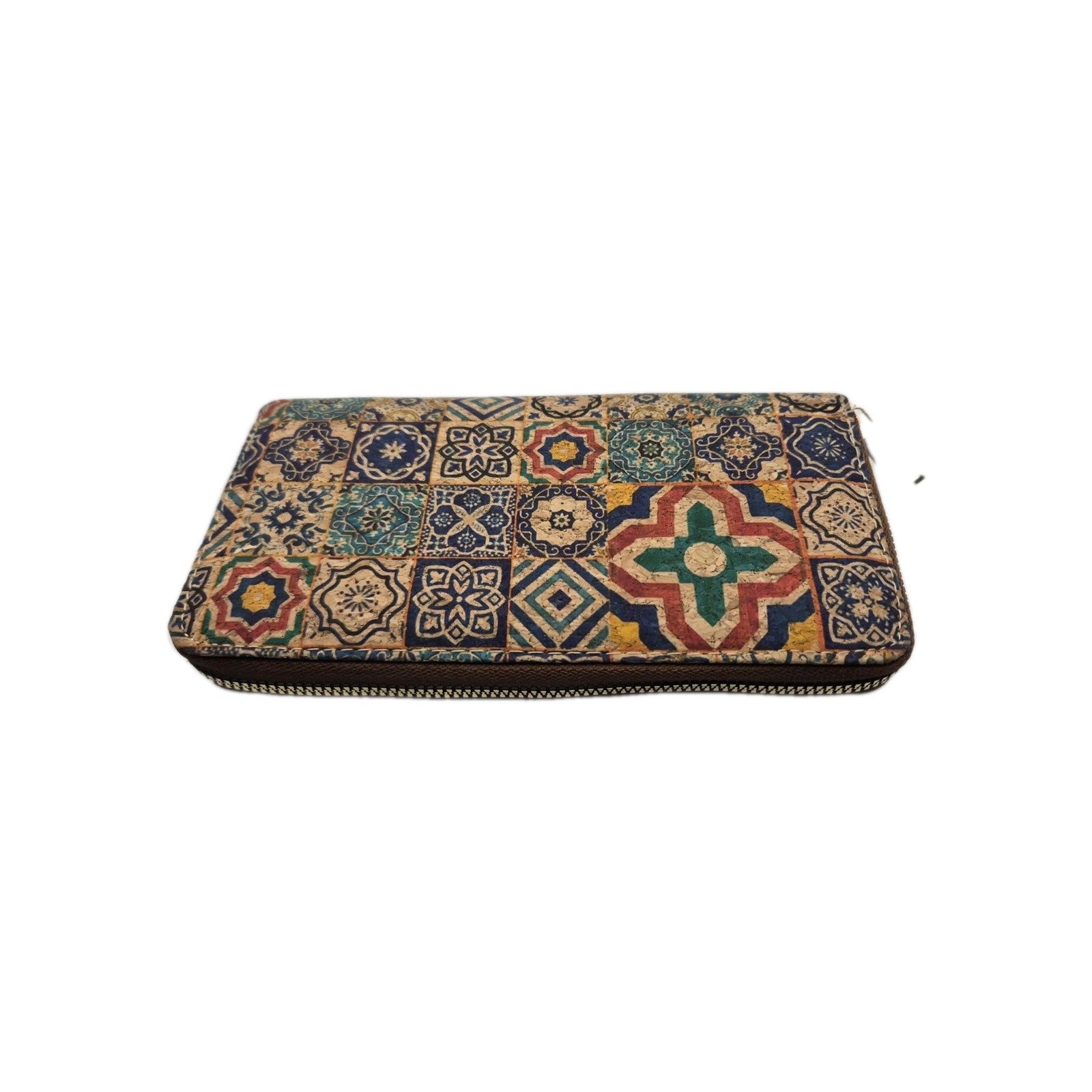 Cork zipper wallet featuring a blue and yellow mosaic pattern2