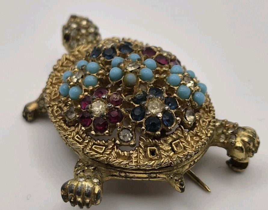Vintage Ciner Signed Multi Coloured Stone Turtle Brooch Pin5