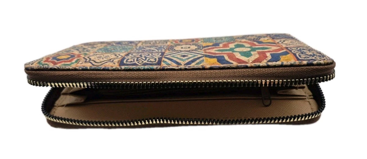 Cork zipper wallet featuring a blue and yellow mosaic pattern0