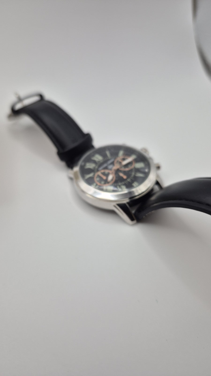 Racing Green men's chronograph watch with a black leather strap and orange...10
