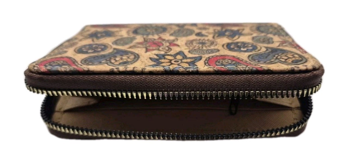 cork zip around wallet with a paisley and floral pattern.0