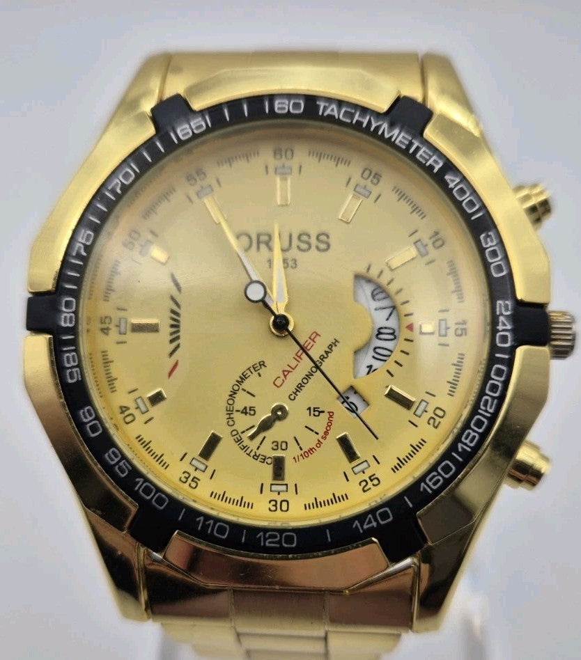 Oruss 1853 men's gold tone quartz chronograph watch featuring a black tachymetre0