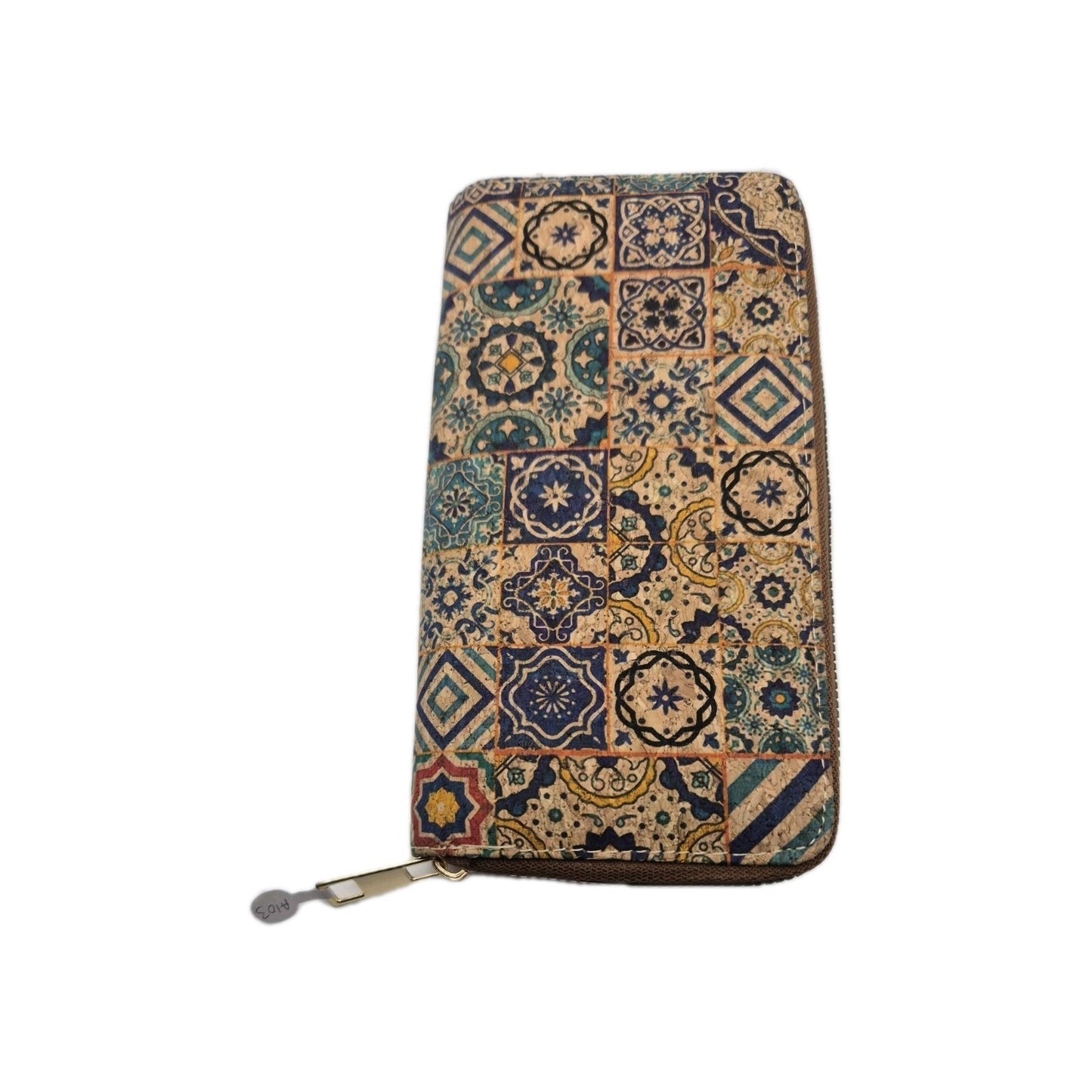 Cork zipper wallet featuring a blue and yellow mosaic pattern0