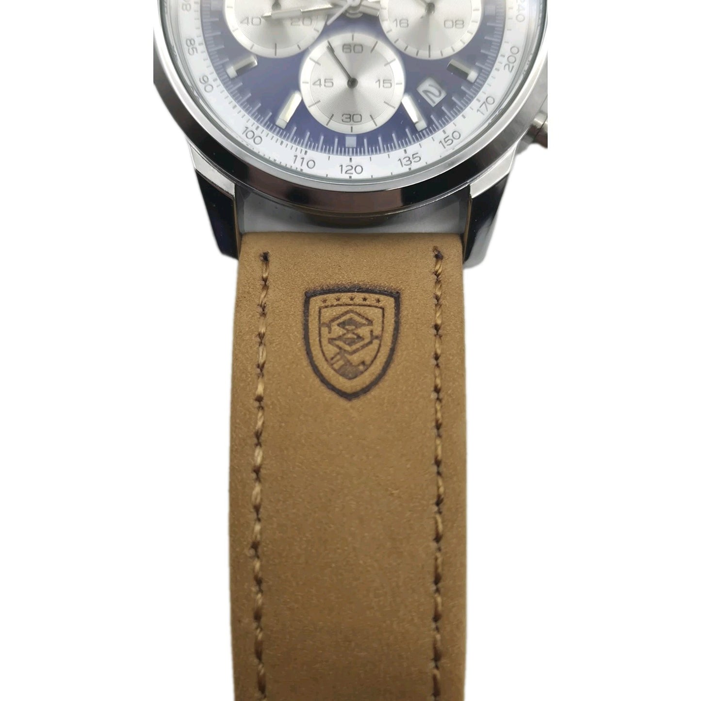 Poedagar men's luxury quartz chronograph watch with a blue dial and a tan...7