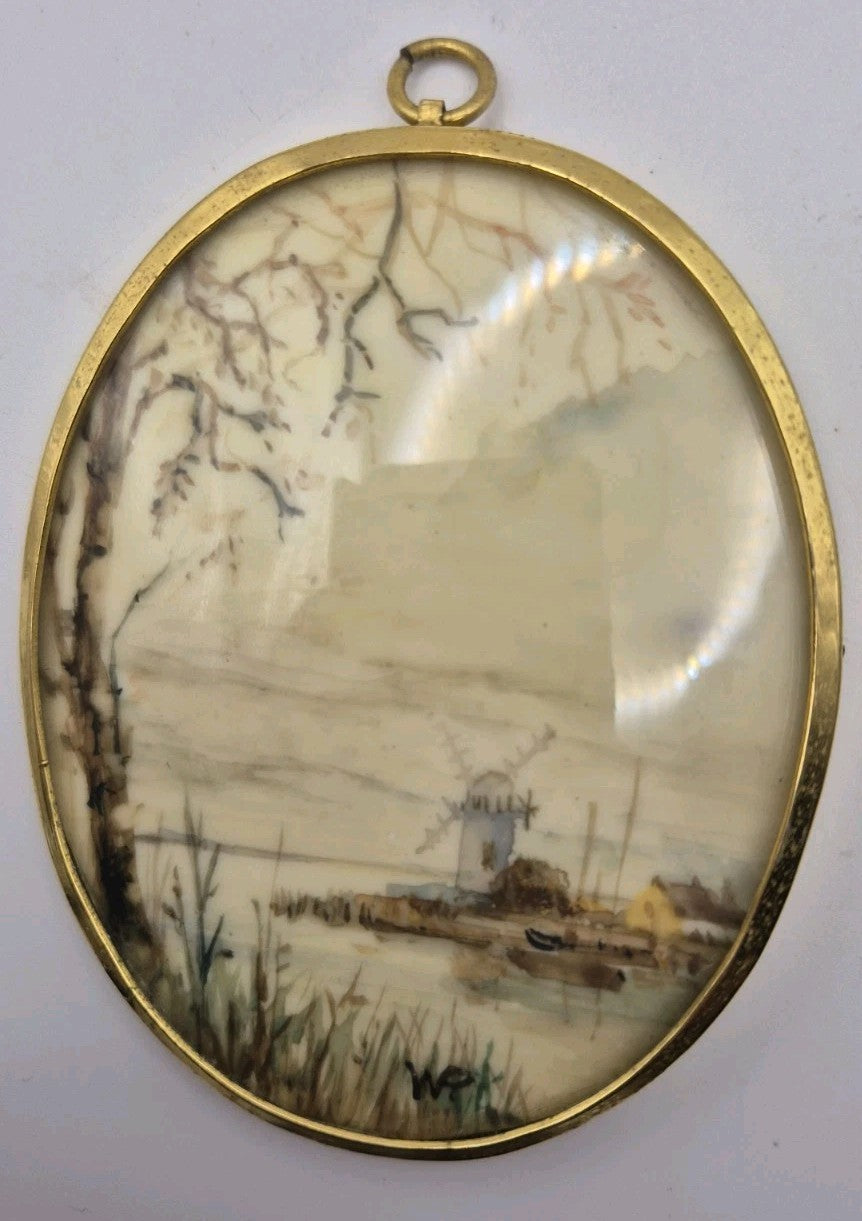 Vintage pair of oval framed miniatures hand painted landscape scenes By Wynn...5