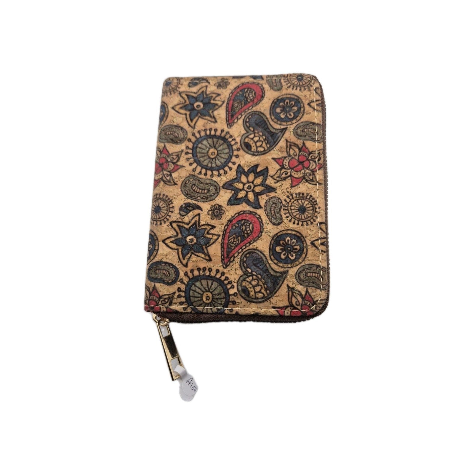 cork zip-around wallet with a paisley and floral pattern.1