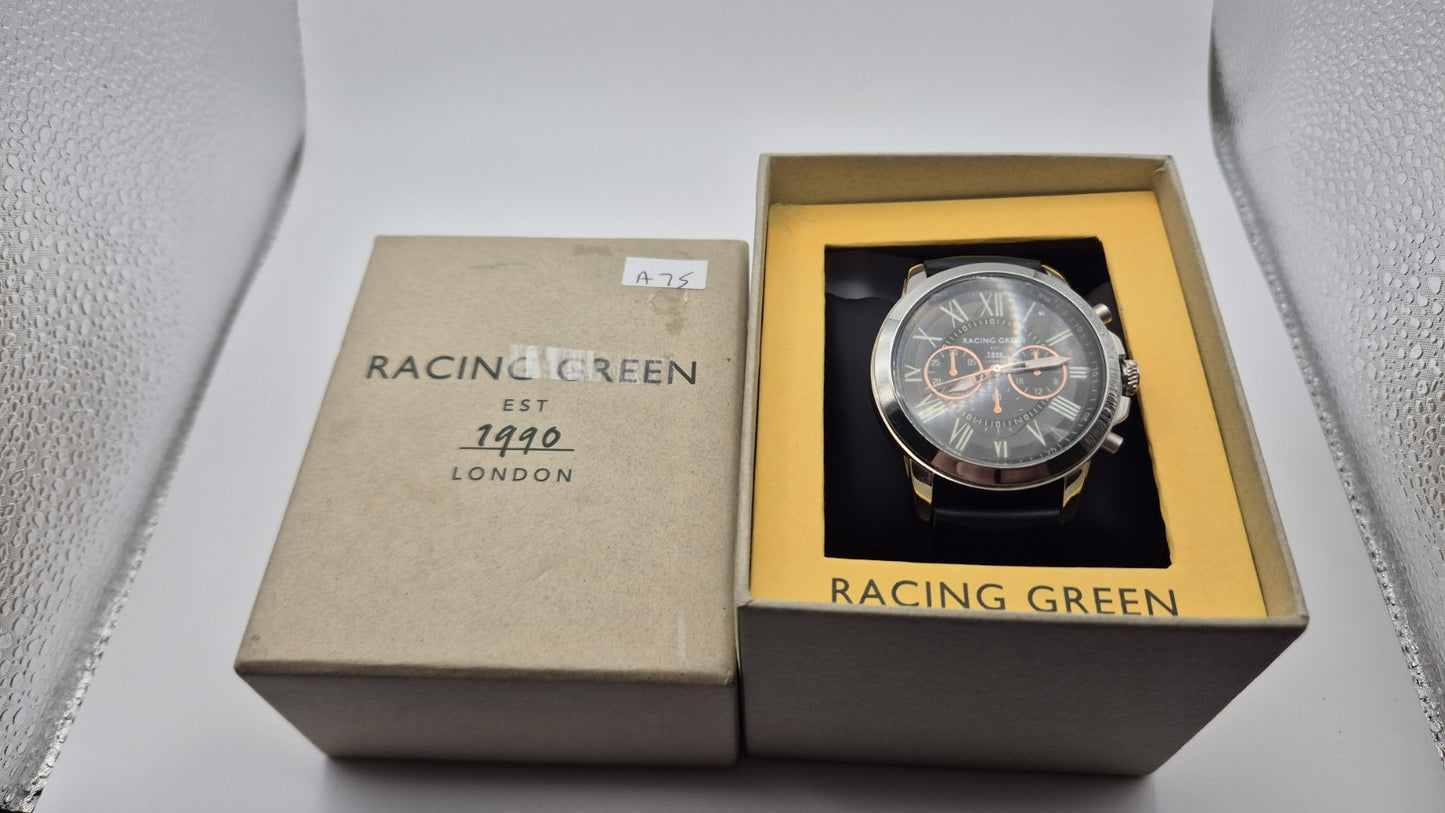 Racing Green men's chronograph watch with a black leather strap and orange...1