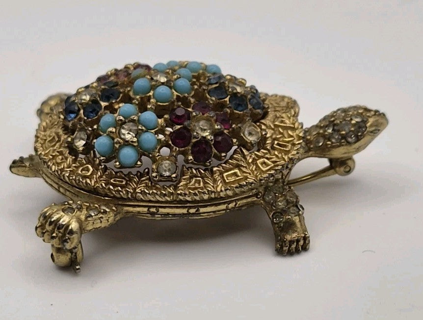 Vintage Ciner Signed Multi Coloured Stone Turtle Brooch Pin3