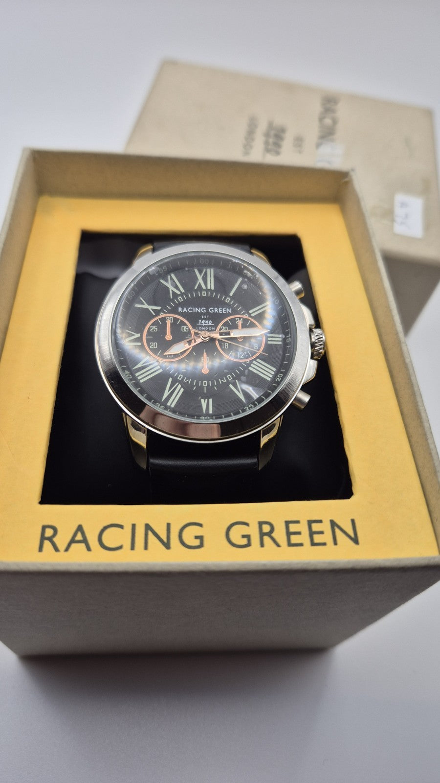 Racing Green men's chronograph watch with a black leather strap and orange...6