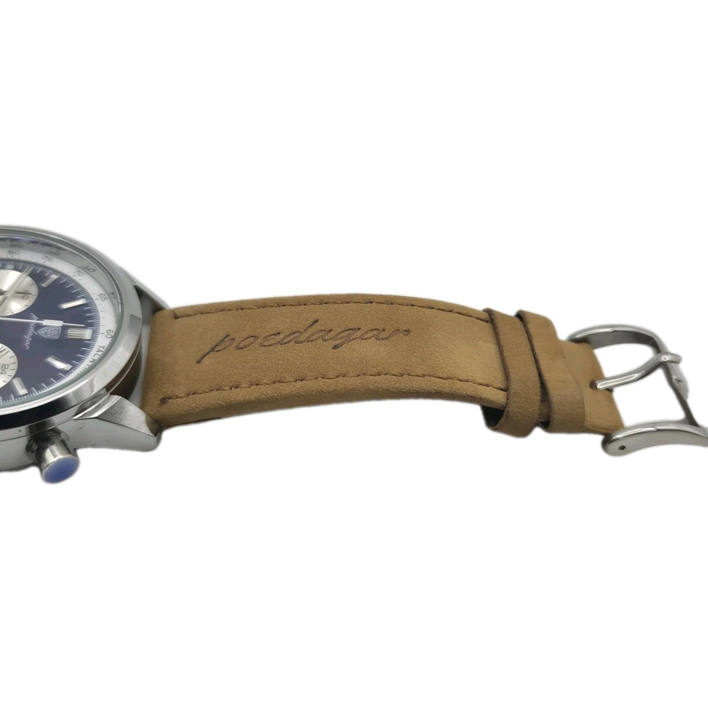Poedagar men's luxury quartz chronograph watch with a blue dial and a tan...6