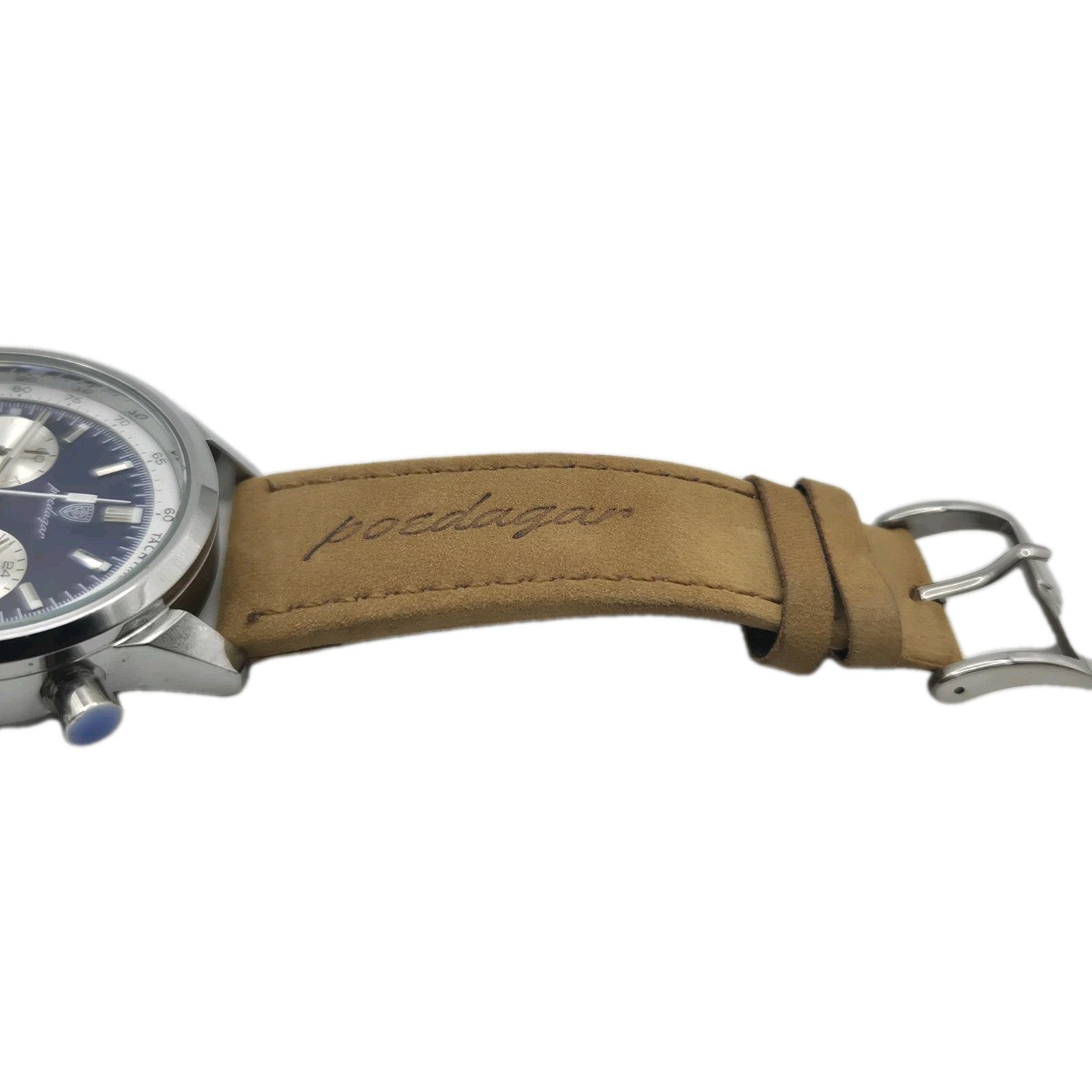 Poedagar men's luxury quartz chronograph watch with a blue dial and a tan...6